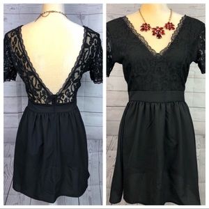 Chiffon black little dress lace v neck back plunge